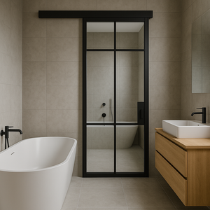<span class=keywords><strong>Puerta</strong></span> interior corrediza de vidrio de rejilla de un solo panel <span class=keywords><strong>Puerta</strong></span> de ahorro de espacio con marco de metal negro - Product Image 2
