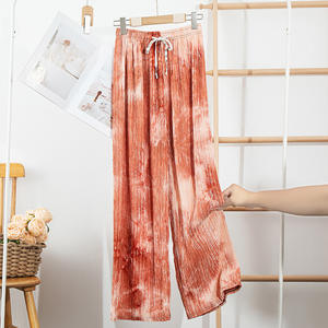 Nuovo modello estivo leggero a vita alta drappeggiato colorato con stampa arruffata <span class=keywords><strong>pantaloni</strong></span> Casual lunghi fino al pavimento Tie-Dye <span class=keywords><strong>pantaloni</strong></span> larghi donna - Product Image 4