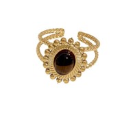 Bague en acier inoxydable avec pierre naturelle ovale, large bande ajourée texturée, perles géométriques, style rétro, bijoux de mode pour femmes, vente en gros