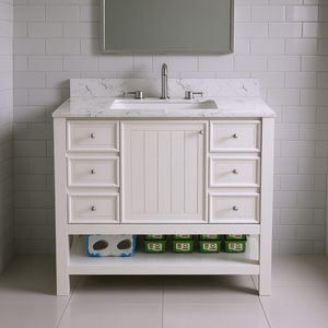Ensemble de meuble-lavabo moderne blanc de 37 pouces avec dessus en marbre, tiroirs et support au sol - Product Image 2