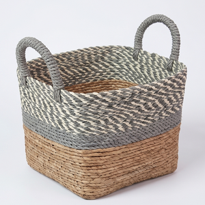 Two-Tone Woven Seagrass <b>Storage</b> <b>Basket</b> with Handles, Square <b>Wicker</b> <b>Shelf</b> Organizer Bin for Closet and Living Room - Product Image 1