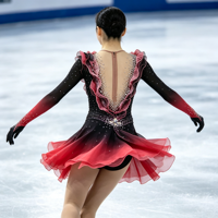Robe de patinage artistique à volants dégradé noir et rouge, jupe en mousseline ornée de strass, costume de performance à manches longues pour compétition, personnalisable