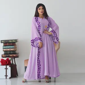 2876 Dubai Trendy lüks yaprak nakış elbise şifon müslüman kadınlar 2 parça Abaya elbiseler eşleşen renk başörtüsü ile Set