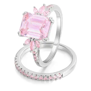 Lujo 100% Plata de Ley 925 5A Rosa Cubic Zirconia banda diamante compromiso boda 18K oro apilable mujeres anillos conjuntos
