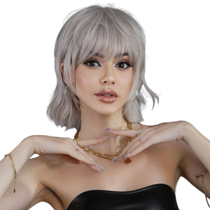 Perruques Pixie Cut avec <span class=keywords><strong>frange</strong></span> Ombre platine rose clair, perruques mignonnes Bob courtes couches cheveux ondulés 12 pouces perruque pour femmes en gros - Product Image 6