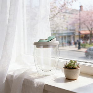Tazza da Caffè in Vetro Borosilicato a Doppia Parete con Logo Personalizzato, Portatile, Antigoccia, da Viaggio, con Coperchio - Product Image 1
