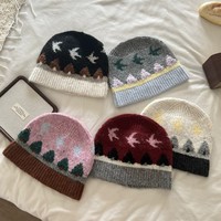 Bonnet en tricot jacquard rétro avec logo personnalisé, motif oiseau et arbre, pour femme, épais, chaud, hiver, coupe-vent, bonnet ajusté