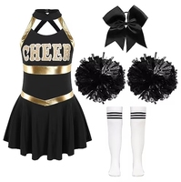 Ensemble d'uniformes de cheerleading personnalisés pour femmes avec sublimation et estampage à chaud, comprenant haut, jupe, pompons et nœuds, tenue complète pour entraînement d'équipe