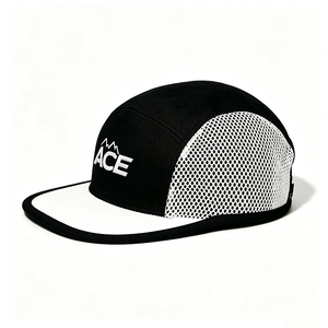 Casquette de camping personnalisée 5 panneaux en toile, corps noir, bordure blanche, broderie ACE Montagne, impression par sublimation, séchage rapide, respirante, pour l'extérieur - Product Image 6