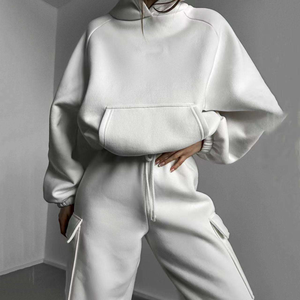 Ensemble de survêtement pour <span class=keywords><strong>femme</strong></span> en coton de haute qualité, personnalisable, comprenant un sweat à capuche et un <span class=keywords><strong>pantalon</strong></span>, couleur unie, coupe ample, pour le <span class=keywords><strong>jogging</strong></span>, haut long - Product Image 1