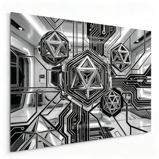 High Tech Futuristic Cyber Tech Geometric Pattern Metal Wall Art for Modern Gaming Room Interior Decoration