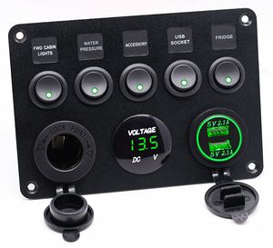 แผงสวิตช์เรือกันน้ำ Yuhe YH-DH5-QD พร้อมโวลต์มิเตอร์ดิจิตอล LED 5 ช่อง  พอร์ต USB คู่ 2.4A ช่องเสียบไฟ 12V สวิตช์แบบตาแมว - Product Image 4