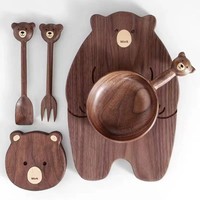 Plateau de service en bois de noyer à motif de dessin animé sur le thème de l'ours pour repas/thé, plateau à fruits et pâtisseries avec fourchettes et cuillères - Commandes personnalisées en petite série