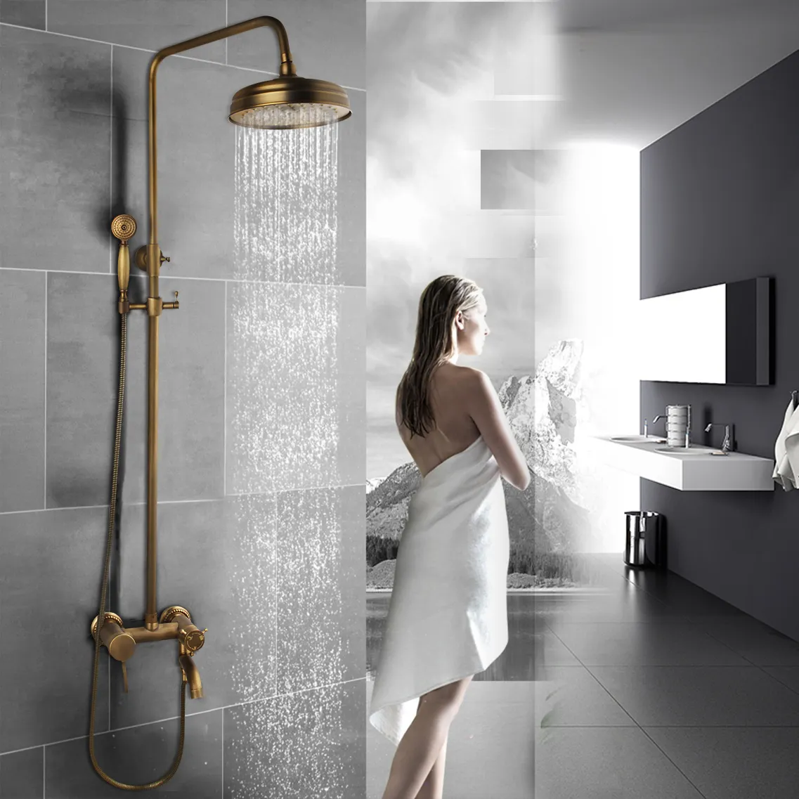 Antique Brass 3-Way Bathroom Shower Set Rain Head Hand Held Spray Mixer Faucet