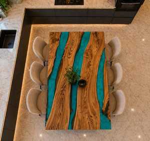 Table à manger moderne en bois et résine époxy, meubles de luxe faits à la main, design en bois naturel et résine, meubles de salle à manger personnalisés pour la maison - Product Image 4