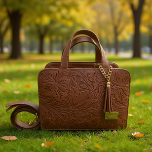 Bolso de Mano Fana Patricia de Cuero Vacuno con Diseño Floral, Asa Doble y Correa para Hombro, Estilo Clásico para Uso Diario - Product Image 2