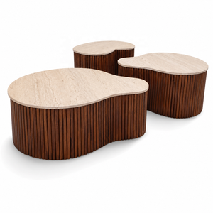 Ensemble de tables basses modernes en marbre naturel organique avec base en bois, design emboîtable, meubles de salon - Product Image 2