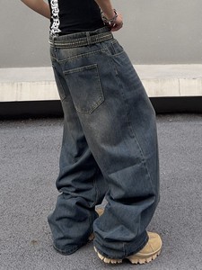 Hip Hop Erkek Rahat Eskitme Efektli Bol Paça Geniş Bacak Kot Pantolon Yıkanmış Düz Paça Kot Erkek Kot Pantolonu - Product Image 2