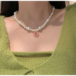 Collier ras du cou délicat en fausses perles avec pendentif fleur rose, chaîne élégante pour clavicule, bijoux quotidiens pour femme - Product Image 5