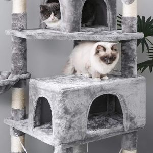 In the Trend Modern Luxury Eco-Friendly Light Gray Brown <b>Plush</b> Wood House Large <b>Cat</b> Tree Tower Chewing Toy 60x50x180cm - Product Image 2