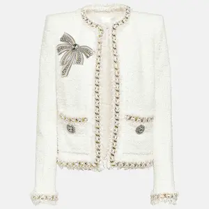 Newest Lady Designed Fine Workmanship Rhinestone Beading Bow Short Jacket Women Tweed Chains Decoration Coats