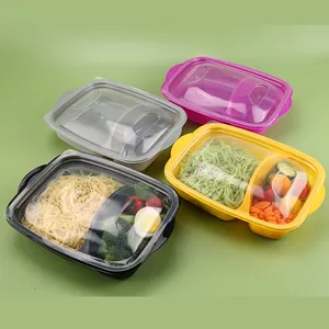 Caixas plásticas para almoço micro-ondas, recipiente com tampa para levar alimentos, 2 compartimentos, caixa descartável Bento