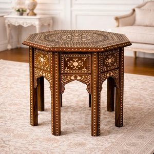 Table de chevet hexagonale artisanale en os incrusté, style ferme traditionnel, avec motif floral, pour mobilier de chambre - Product Image 1