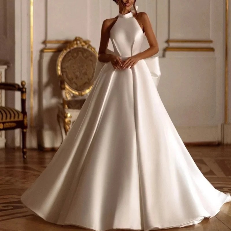 Classic Bow Bride Graceful Modest Satin A-Line Long Bridal Gown Sexy Halter Backless MIKADO Wedding Dress| Alibaba.com Classic Bow Bride Graceful Modest Satin A-Line Long Bridal Gown Sexy Halter Backless MIKADO Wedding Dress| Alibaba.com