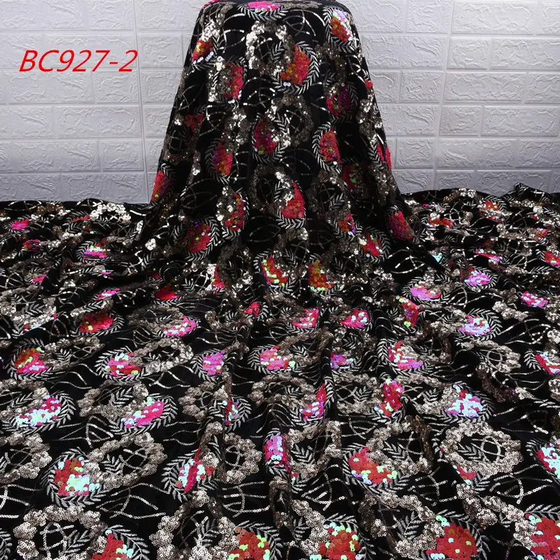 1753 Free Shipping Black Color Lace Fabric Sequin Velvet Lace Fabric With Paillette
