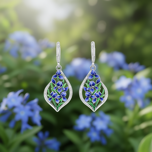 Orecchini pendenti in oro bianco E3478 con design floreale blu per donna, gioielli da festa, stile romantico, lega, cristallo, strass - Product Image 2