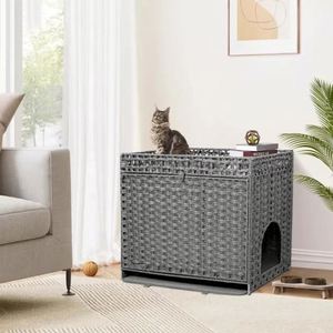 Armoire pour litière de chat en rotin PE tissé à la main, multifonctionnelle, avec espace de toilette caché et privé pour chats - Product Image 2