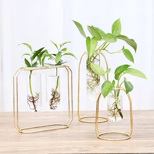 Heißer Verkauf Metall Glas Reagenzglas Blume Vase Hause Dekoration Gold Blumentöpfe Für Tisch Top