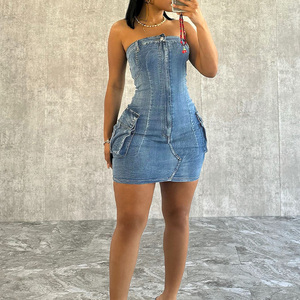 Nt Tùy Chỉnh OEM 2026 Mùa Hè Phụ Nữ Denim Ăn Mặc Strapless Bodycon Hiệu ứng Rửa Nút Chi Tiết Cộng Với Kích Thước Có Sẵn - Product Image 2