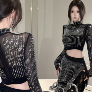 طقم فاخر من قطعتين مع أحجار الراين ذات الإصلاح العاجل + خصر مرتفع غير منتظم تنحنح بدلة تنورة بشراشيب - Product Image 3