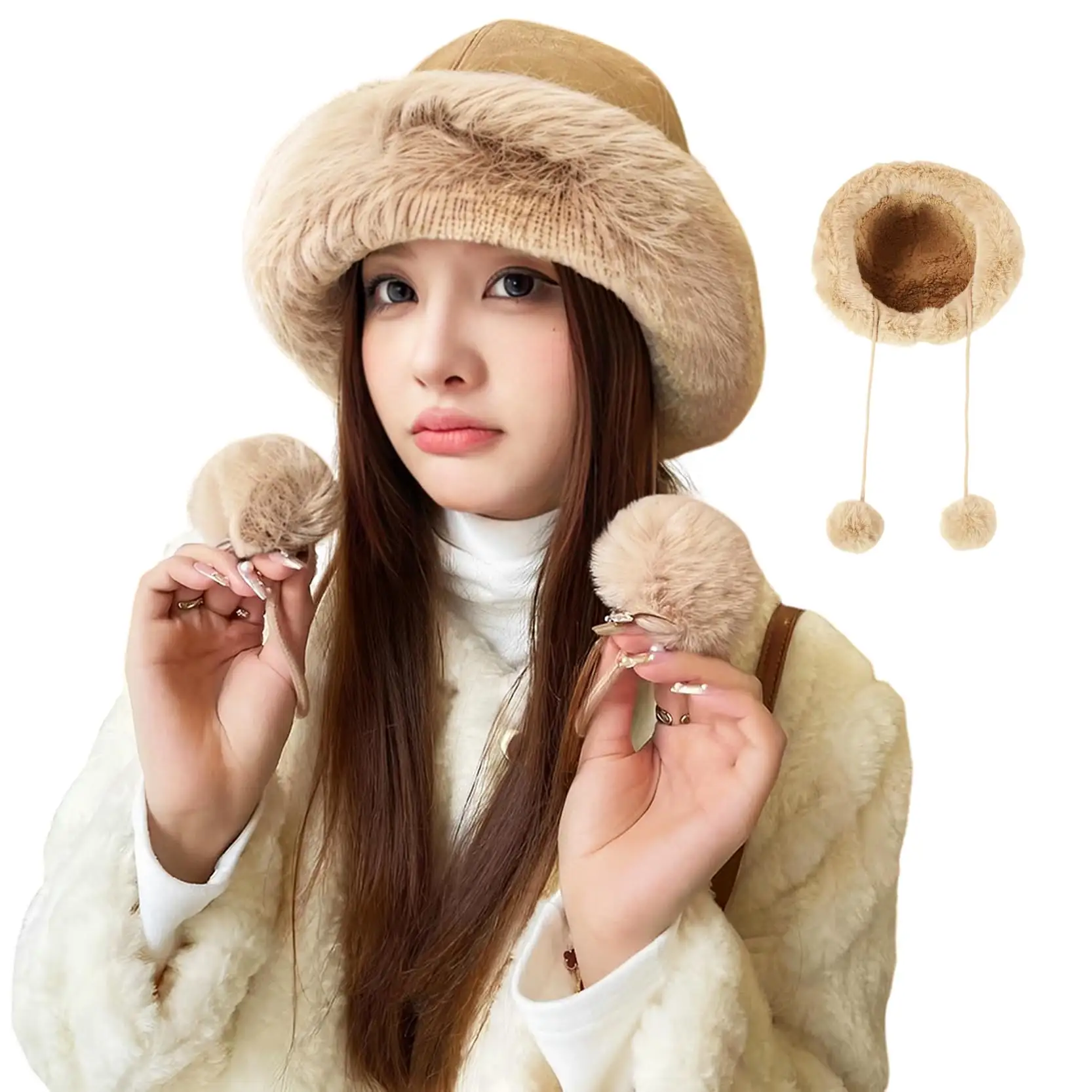Sombrero de invierno para mujer, sombrero de cubo de felpa, sombrero de pescador grueso, protección para los oídos, bolas esponjosas colgantes para niñas, gorras de invierno