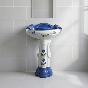 Ensemble de lavabo sur pied carré en céramique bicolore design, pour salle de bain, sanitaires - Product Image 1