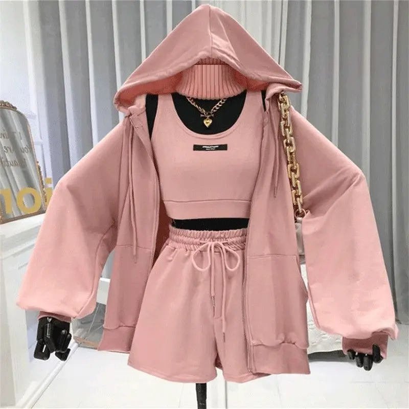 Custom Women Sweatshirt and Shorts Set Oversize Sport Suit For Woman Clothing Three-piece Adult Tank Top Shorts Hoodie Sets