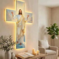 Croix de Jésus sculptée avec soin et illuminée, peinture artistique murale en bois lumineux LED pour la décoration chrétienne de la maison