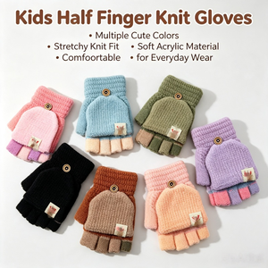 Gants d'hiver tricotés chauds pour enfants, mitaines sans doigts à rabat, doublure polaire thermique, pour le ski et l'écriture, en acrylique/coton jacquard, personnalisables - Product Image 1