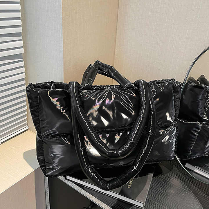 Women's Puffy Tote Bag - Lightweight Quilted Shoulder Bag With Zipper & Compartments