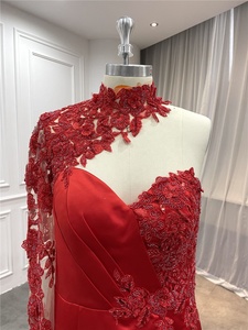 <span class=keywords><strong>2023</strong></span>ไหล่ข้างหนึ่งนางเงือกสีแดงลูกปัดลูกไม้ซาตินแขนยาวชุดแต่งงานชุดราตรี - Product Image 3