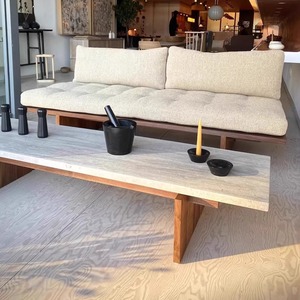 Sofá de Madera Maciza Estilo Wabi Sabi, Diseño Minimalista, Tapizado, Forma Recta, para Sala de Estar, Apartamento Pequeño, Cafetería, Casa de Huéspedes - Product Image 4