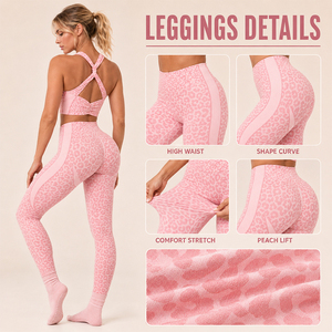 Conjunto Deportivo con Estampado de Leopardo para Mujer, Bra Deportivo, Leggings, Cuello Redondo, Espalda Cruzada, Cintura Alta, Moldea la Figura, Traje de Yoga - Product Image 4