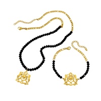 Parures de bijoux élégantes en acier inoxydable style marocain, perles noires, plaqué or 18 carats, avec breloques emblèmes, vente en gros