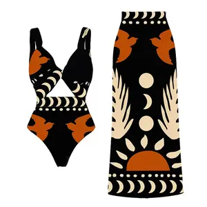 2024 người phụ nữ áo tắm V cổ cắt ra bộ bikini in đồ bơi của phụ nữ Tankini một mảnh bikini beachwear và sarong