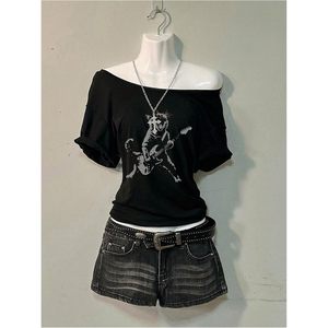FOXA Women's Off Shoulder <b>Gothic</b> Graphic Tee Short Sleeve Asymmetrical Oversized Y2K T <b>Shirt</b> - Product Image 5