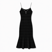Robe longue côtelée noire personnalisée pour femme, col en V, sans manches, OEM ODM