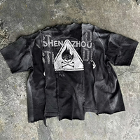 T-shirt Homme Oversize Vintage Streetwear en Tissu Graphique Délavé à l'Acide, Coupe Personnalisée, Patchwork, pour Fabricants de Vêtements