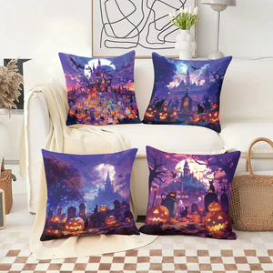 หมอนตกแต่งธีมฮาโลวีนที่มีปราสาท ฟักทอง และแมวในโทนสีม่วงและสีส้มสดใส - Product Image 2