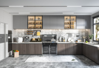 Fabrication sur mesure, armoire de cuisine moderne haut de gamme avec porte plate, éclairage LED, rangement multi-tiroirs, armoires de cuisine modulaires